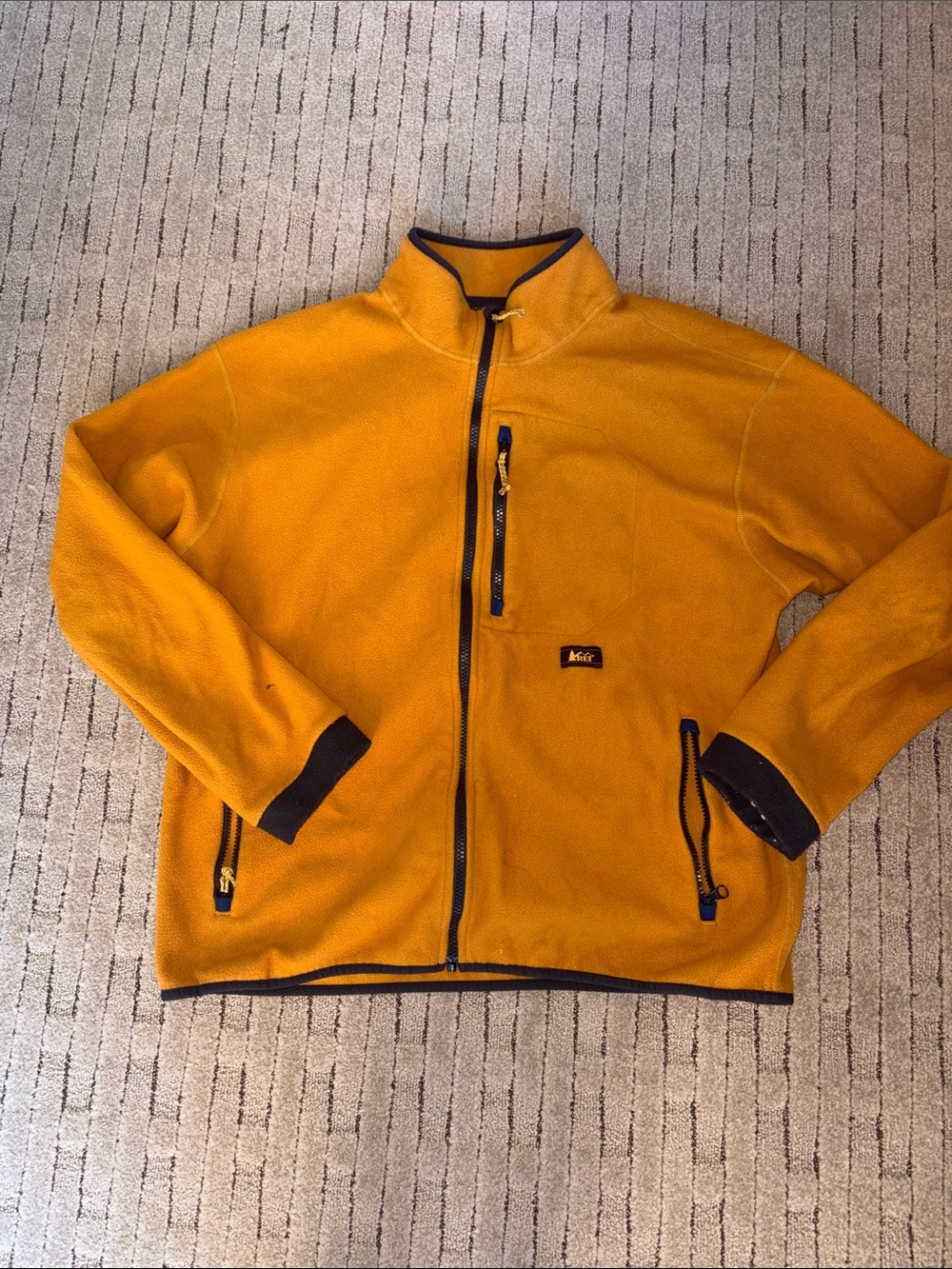 REI Full Zip Yellow Fleece Jacket with Navy Trim